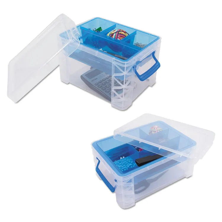ADVANTUS CORPORATION AVT 37371 — Advantus Super Stacker Divided Supply Box - External Dimensions: 14.3 Length x 10.3 Width x 6.5 Height - Lid Lock Closure - Stackable - Plastic - Clear, Blue - For Pen/Pencil, Paper Clip, Rubber Band - 1 Each