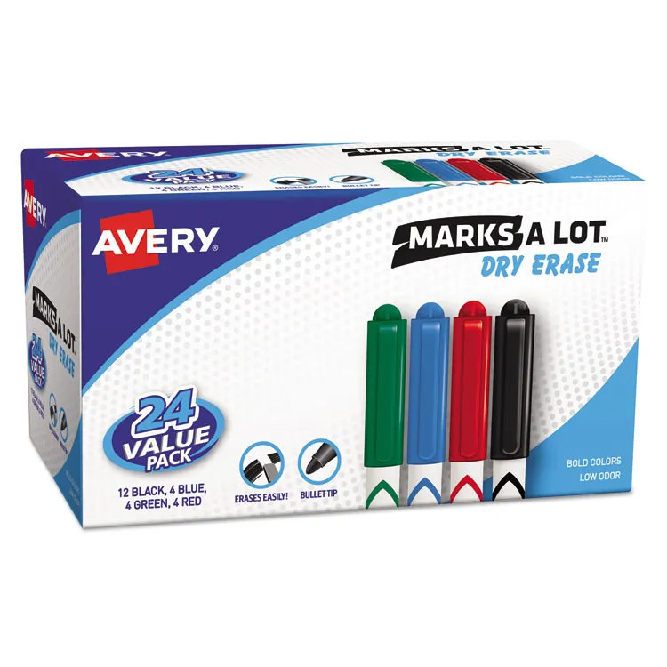 Avery Dennison AVE 24459 — Avery® Pen-Style Dry Erase Markers - Bullet Marker Point Style - Black, Red, Blue, Green - Black, Red, Blue, Green, White Barrel - 4 / Pack