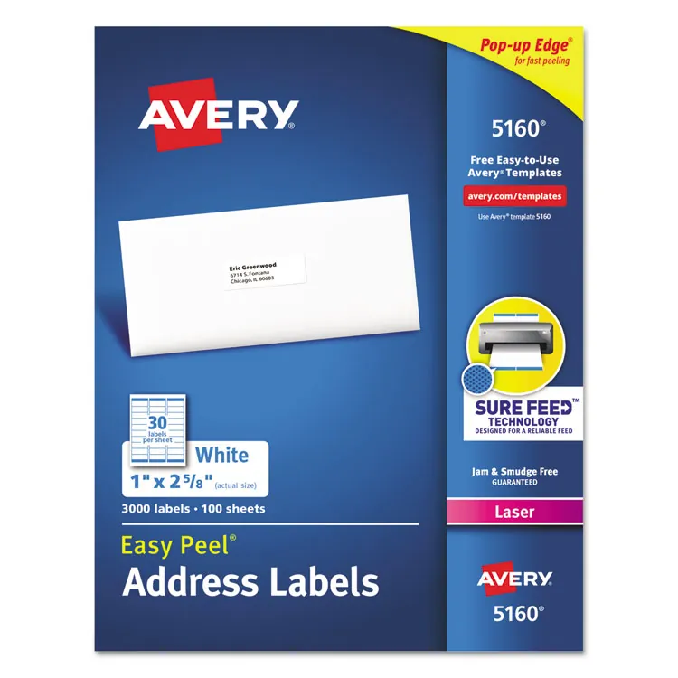 Avery Dennison CW20711 — Avery® Easy Peel White Inkjet Mailing Labels - Permanent Adhesive - Rectangle - Inkjet - White - Paper - 80 / Sheet - 25 Total Sheets - 2000 Total Label(s) - 5