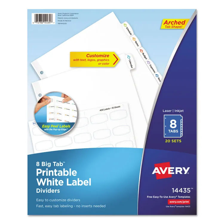 Avery Dennison AVE 14435 — Avery® Big Tab Printable White Label Dividers - 160 x Divider(s) - 8 - 8 Tab(s)/Set - 8.5 Divider Width x 11 Divider Length - 3 Hole Punched - White Paper Divider - White Paper Tab(s) - 6
