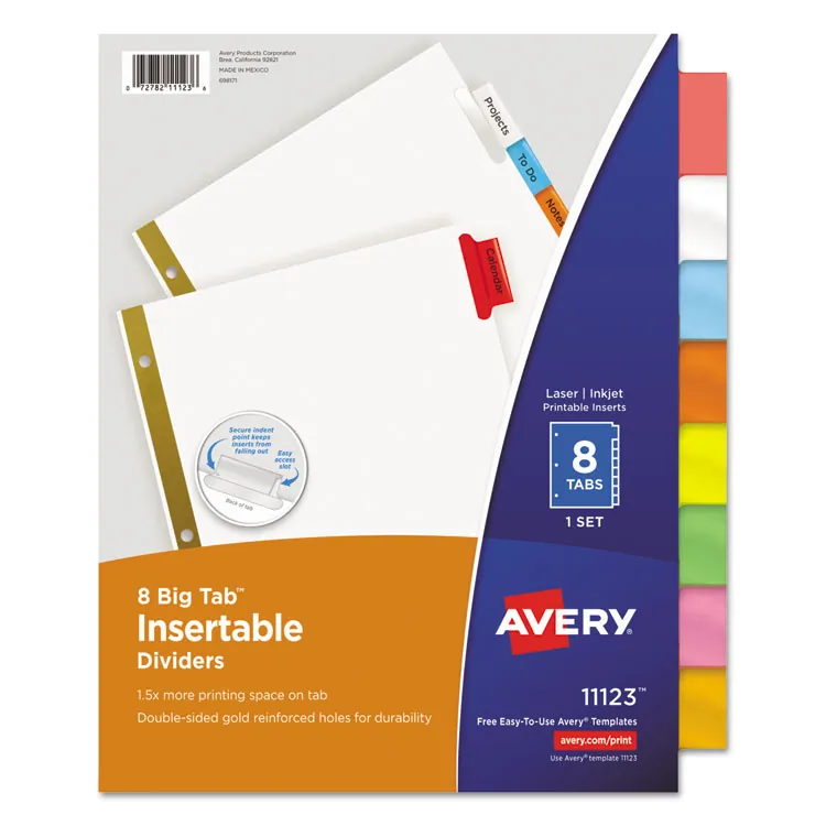 Avery Dennison AVE 11222 — Avery® Big Tab Insertable Extra-Wide Dividers - 8 x Divider(s) - 8 Tab(s) - 8 - 8 Tab(s)/Set - 9.3 Divider Width x 11.13 Divider Length - 3 Hole Punched - White Paper Divider - Multicolor Paper Tab(s) - 8 / Set