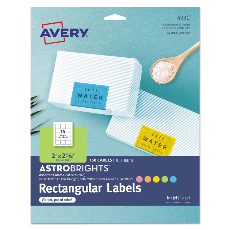 Avery Dennison AVE 4331 — Avery® Easy Peel Multipurpose Label - Permanent Adhesive - Rectangle - Laser, Inkjet - Solar Yellow, Terra Green, Pulsar Pink, Lunar Blue, Cosmic Orange - Paper - 15 / Sheet - 10 Total Sheets - 150 Total Label(s) - 6