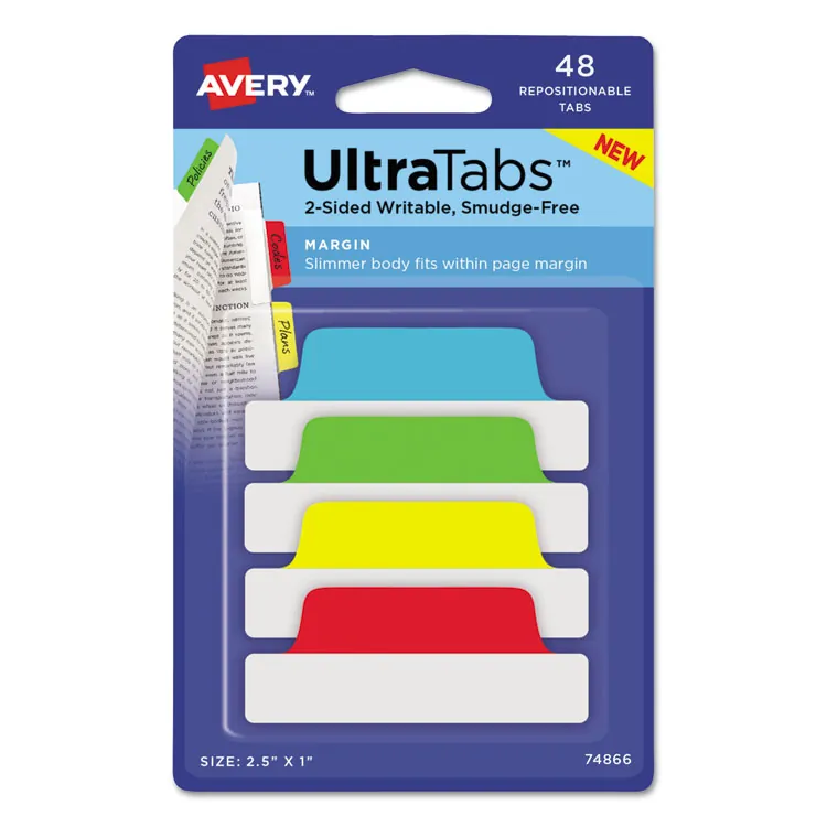 Avery Dennison AVE 74768 — Avery® 2-sided Writable Margin Ultra Tabs - 24 Tab(s) - 1 Tab Height x 2.50 Tab Width - Red Film, Clear Paper, Yellow, Green, Blue Tab(s) - 24 / Pack