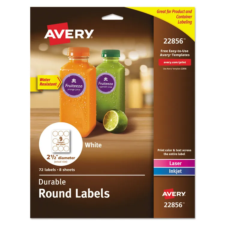 Avery Dennison AVE 22856 — Avery® Durable Round Labels - Permanent Adhesive - Round - Laser, Inkjet - White - Film - 9 / Sheet - 8 Total Sheets - 72 Total Label(s) - 72 / Pack