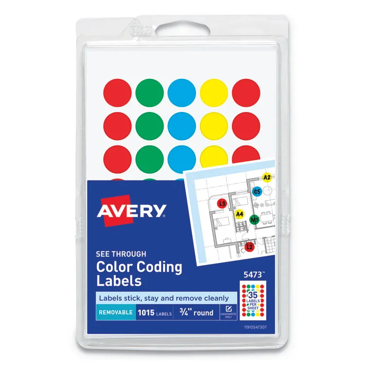 Avery Dennison AVE 05796 — Avery® Assorted Removable See-Through Color Dots - Removable Adhesive - Round - Green, Light Blue, Red, Yellow - Film - 216 / Sheet - 4 Total Sheets - 864 Total Label(s) - 860 / Pack