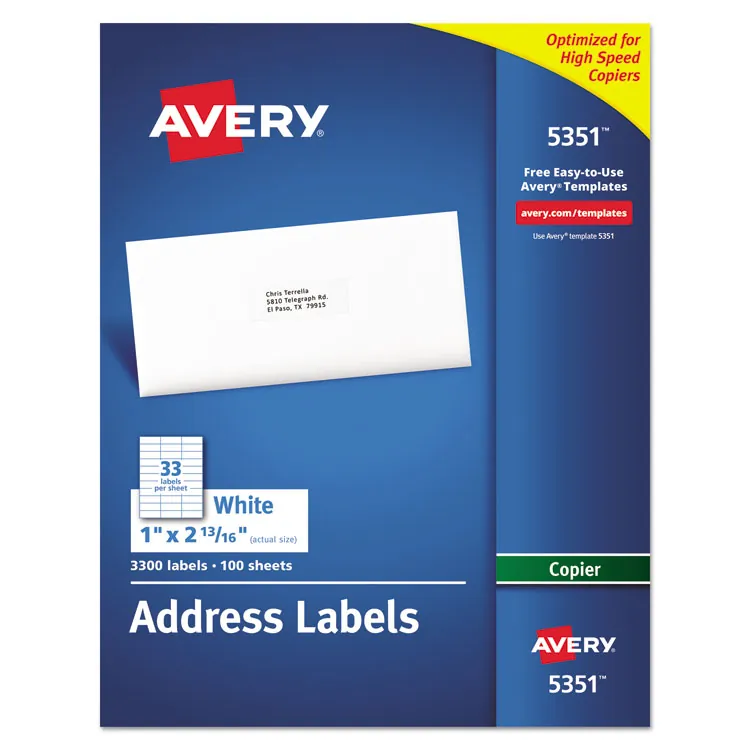 Avery Dennison AVE 5353 — Avery® Copier Address Labels - Permanent Adhesive - Rectangle - White - Paper - 1 / Sheet - 100 Total Sheets - 100 Total Label(s) - 5