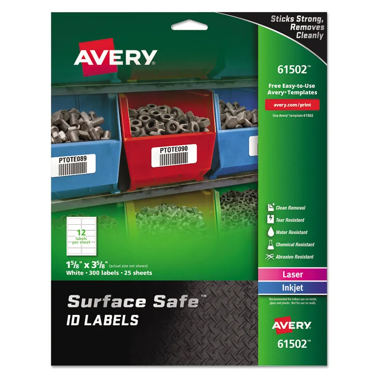 Avery Dennison AVE 61501 — Avery® Surface Safe ID Label - Removable Adhesive - Rectangle - Laser, Inkjet - White - Film - 33 / Sheet - 25 Total Sheets - 825 Total Label(s) - 5