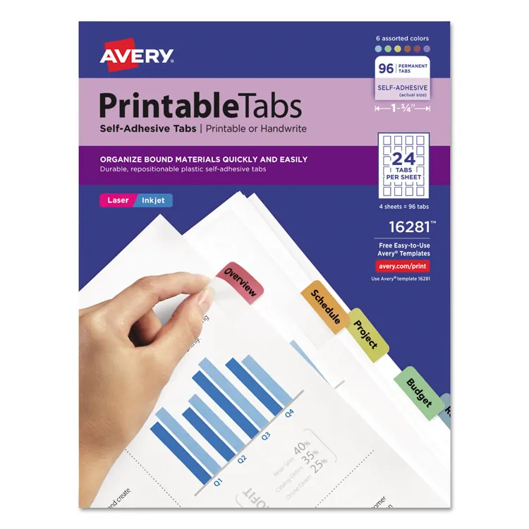 Avery Dennison AVE 16283 — Avery® Printable Repositionable Tabs - 80 Tab(s)1.75 Tab Width - Permanent - Paper Divider - Assorted Paper Tab(s) - 1