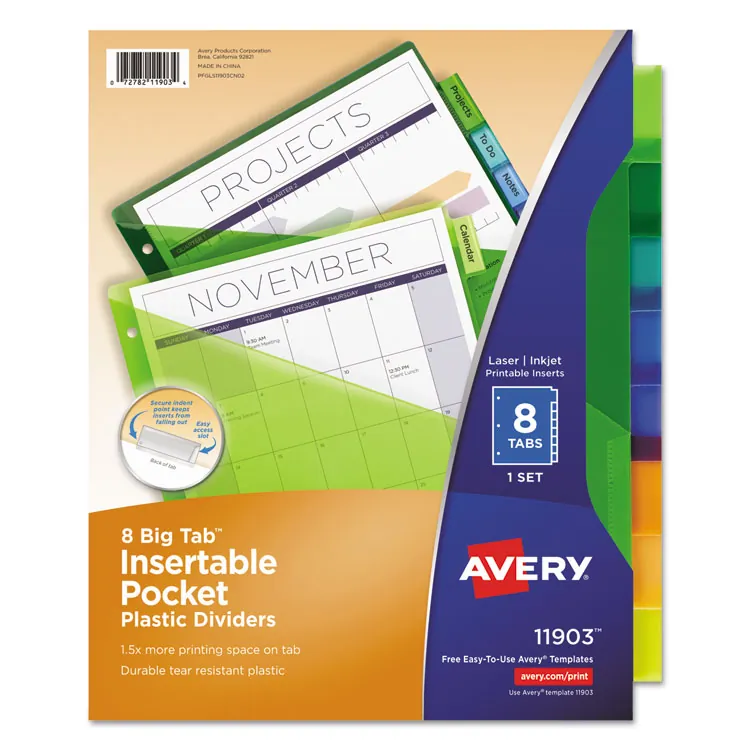 Avery Dennison AVE 11903 — Avery® Big Tab Insertable Plastic Dividers w/Pockets - 8 x Divider(s) - 8 - 8 Tab(s)/Set - 9.3 Divider Width x 11.13 Divider Length - 3 Hole Punched - Translucent Plastic, Multicolor Divider - Multicolor Plastic Tab(s)