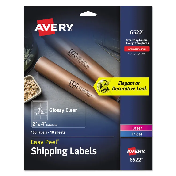 Avery Dennison AVE 6521 — Avery® Easy Peel High Gloss Clear Mailing Labels - Permanent Adhesive - Rectangle - Laser, Inkjet - Clear - Film - 30 / Sheet - 10 Total Sheets - 300 Total Label(s) - 300 / Pack