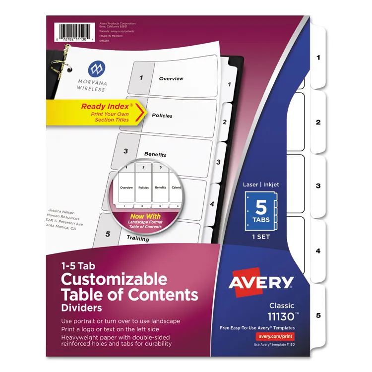 Avery Dennison CW39324 — Avery® Ready Index Classic Tab Binder Dividers - 5 x Divider(s) - 1-5, Table of Contents - 5 Tab(s)/Set - 8.5 Divider Width x 11 Divider Length - 3 Hole Punched - White Paper Divider - White Paper Tab(s) - 5 / Set