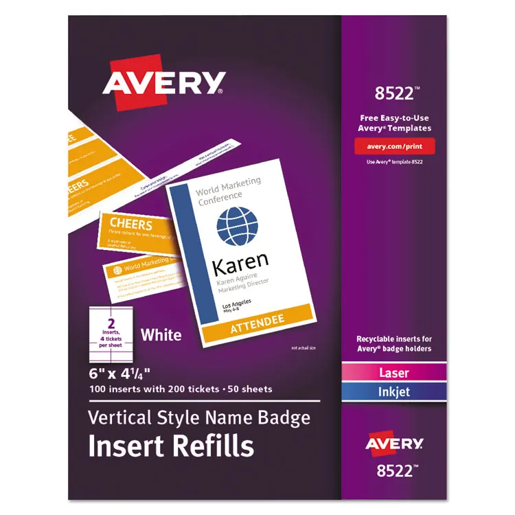 Avery Dennison AVE 5390 — Avery® Laser/Inkjet Badge Insert Refills - Laser, Inkjet - White - Card Stock - 8 / Sheet - 400 Total Label(s) - 5