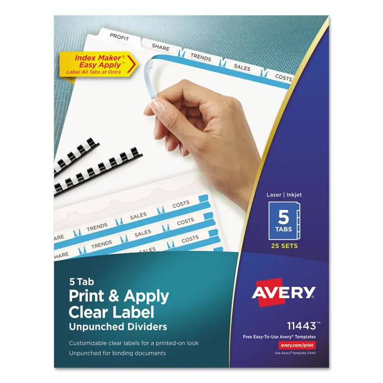 Avery Dennison AVE 11442 — Avery® Print & Apply Label Unpunched Dividers - Index Maker Easy Apply Label Strip - 75 x Divider(s) - 3 Blank Tab(s) - 3 Tab(s)/Set - 8.5 Divider Width x 11 Divider Length - Letter - White Paper Divider - White Tab(s) - 25 / Box