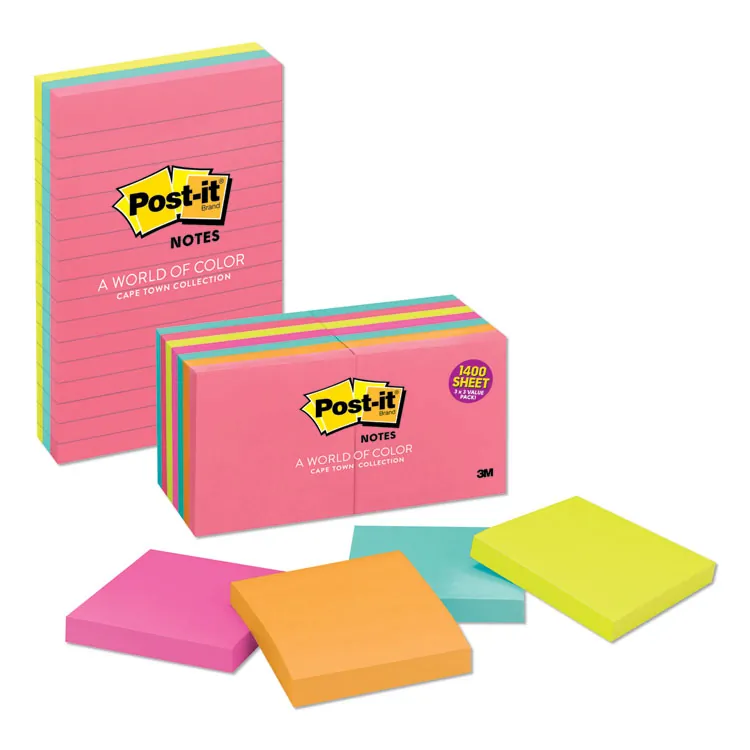 3M MMM 6605AN — Post-it® Notes Notepads - Cape Town Color Collection - 4 x 6 - Rectangle - 100 Sheets per Pad - Ruled - Assorted - Self-adhesive, Self-stick - 5 / Pack