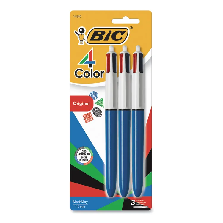 BIC BIC MMP31 — BIC 4-Color Retractable Ball Pen - Medium Pen Point - 1 mm Pen Point Size - Conical Pen Point Style - Refillable - Retractable - Black, Blue, Green, Red - Opaque Blue Barrel - 3 / Pack