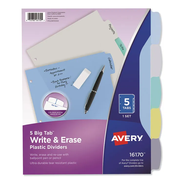 Avery Dennison AVE 16171 — Avery® Big Tab Write & Erase Durable Plastic Dividers, 8 Multicolor Tabs, 1 Set - 8 x Divider(s) - Write-on Tab(s) - 8 - 8 Tab(s)/Set - 8.5 Divider Width x 11 Divider Length - 3 Hole Punched - Multicolor Plastic Divider - Multicolor Plastic Tab(s) - 8 / Set