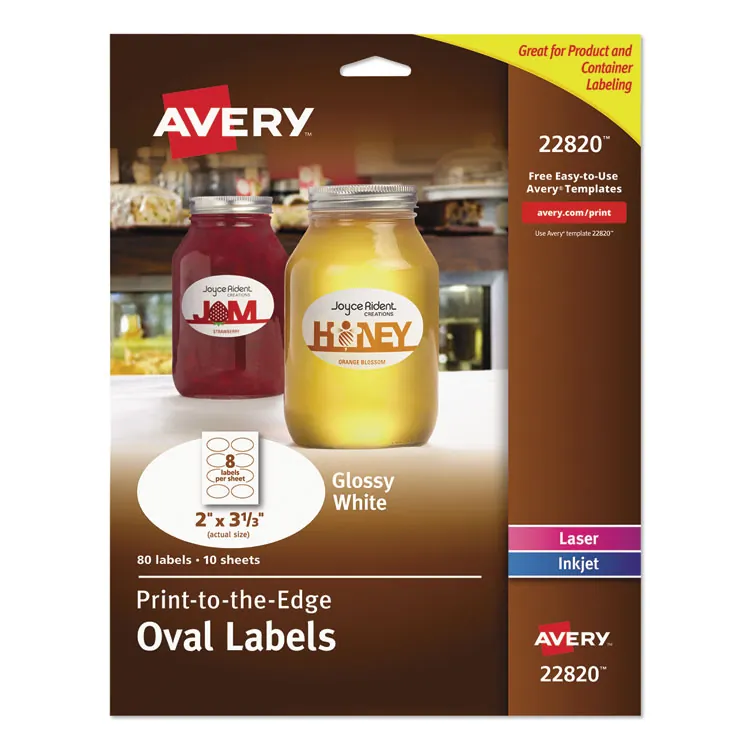 Avery Dennison 22820 — Avery® Easy Peel Oval Labels - Permanent Adhesive - Oval - Laser, Inkjet - White - Paper - 8 / Sheet - 10 Total Sheets - 80 Total Label(s) - 5