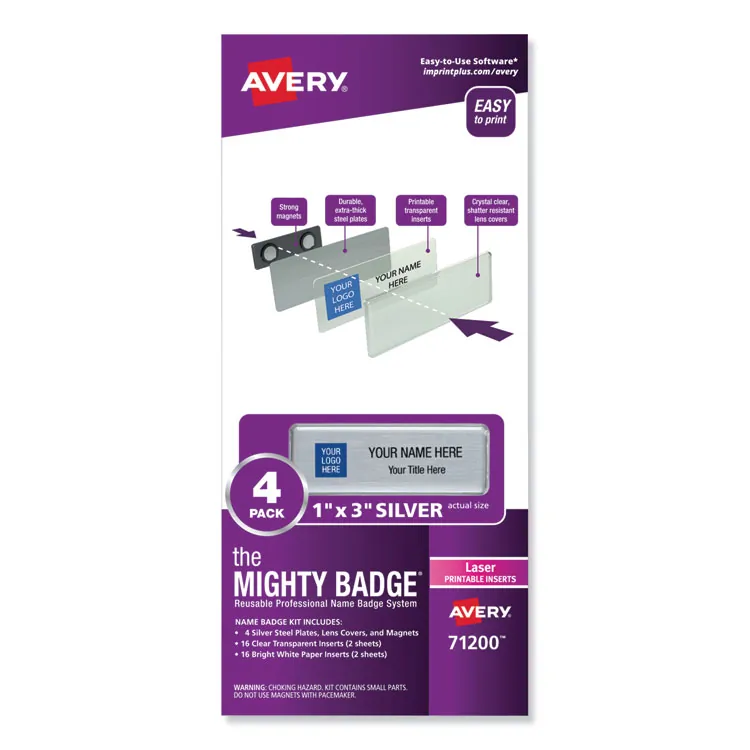 Avery Dennison AVE 71206 — The Mighty Badge® Mighty Badge Professional Reusable Name Badge System - Plastic - Silver - 10 / Pack