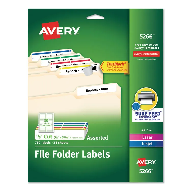 Avery Dennison AVE 5666 — Avery® TrueBlock File Folder Labels - Permanent Adhesive - Rectangle - Laser, Inkjet - Purple - Paper - 30 / Sheet - 25 Total Sheets - 750 Total Label(s) - 750 / Pack