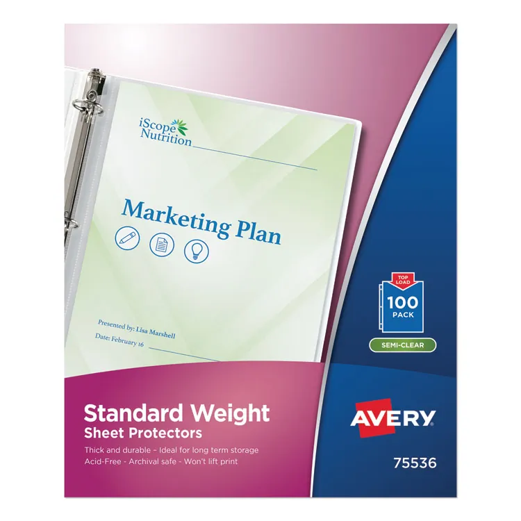 Avery Dennison AVE 75536 — Avery® Standard Weight Sheet Protectors - For Letter 8 1/2 x 11 Sheet - Clear - Polypropylene - 100 / Box
