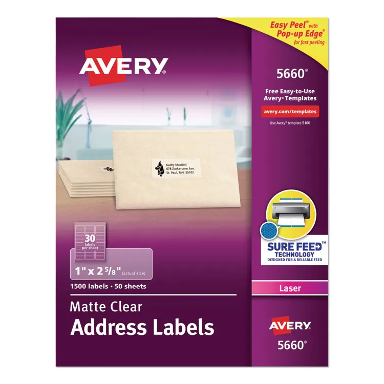 Avery Dennison AVE 5662 — Avery® Easy Peel Return Address Labels - Permanent Adhesive - Rectangle - Laser - Clear - Film - 14 / Sheet - 50 Total Sheets - 700 Total Label(s) - 5