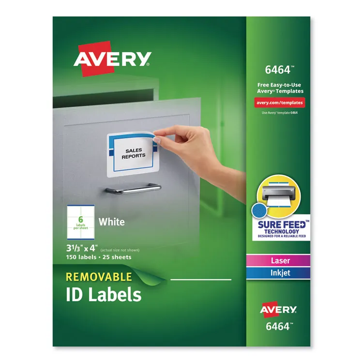 Avery Dennison AVE 6467 — Avery® Removable I.D. Laser/Inkjet Labels - Removable Adhesive - Rectangle - Laser, Inkjet - White - Paper - 80 / Sheet - 25 Total Sheets - 2000 Total Label(s) - 5