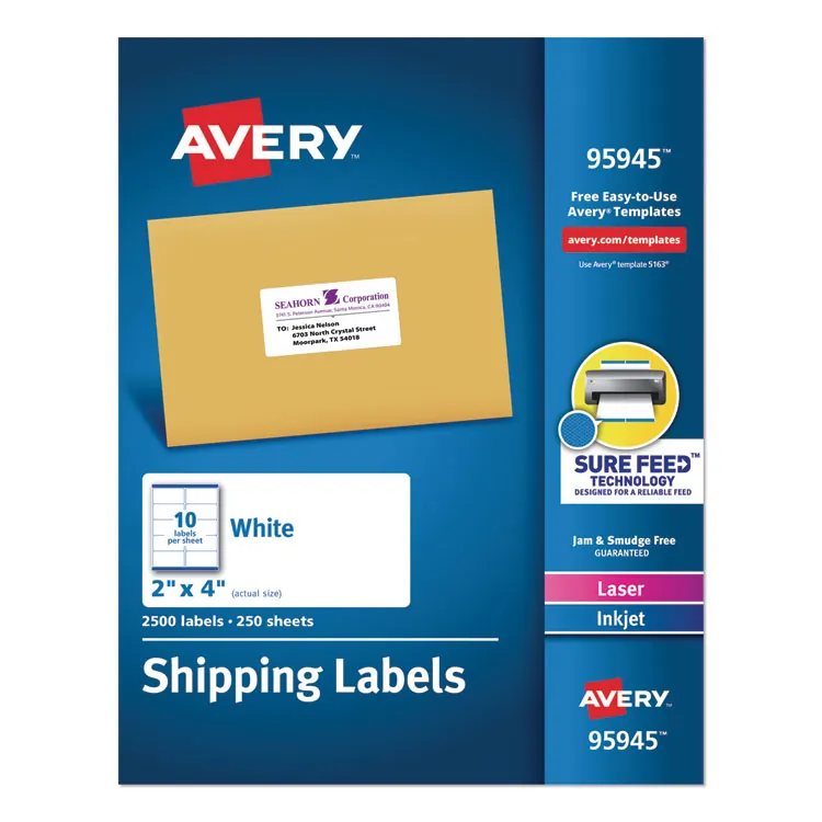 Avery Dennison AVE 95930 — Avery® Shipping Label - Permanent Adhesive - Rectangle - Laser, Inkjet - White - Paper - 2 / Sheet - 250 Total Sheets - 500 Total Label(s) - 2