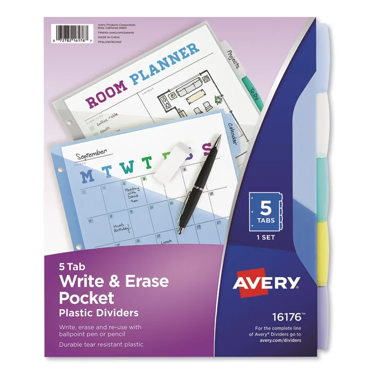 Avery Dennison AVE 16177 — Avery® Write & Erase Durable Dividers with Pockets, 8-tab, Multicolor - 8 x Divider(s) - 8 Write-on Tab(s) - 8 - 8 Tab(s)/Set - 9.3 Divider Width x 11.13 Divider Length - 3 Hole Punched - Multicolor Plastic Divider - Multicolor Plastic Tab(s) - 8 / Set