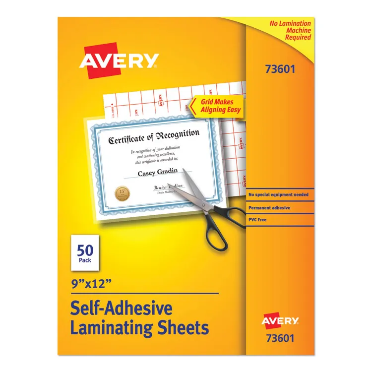 Avery Dennison AVE 73603 — Avery® Self-Adhesive Laminating Sheets - Laminating Pouch/Sheet Size: 9 Width x 12 Length - for Document, Card, Certificate, Artwork - Self-adhesive, Easy to Use, Easy Peel, Non-toxic, Self-sealing - Clear - 10 / Pack