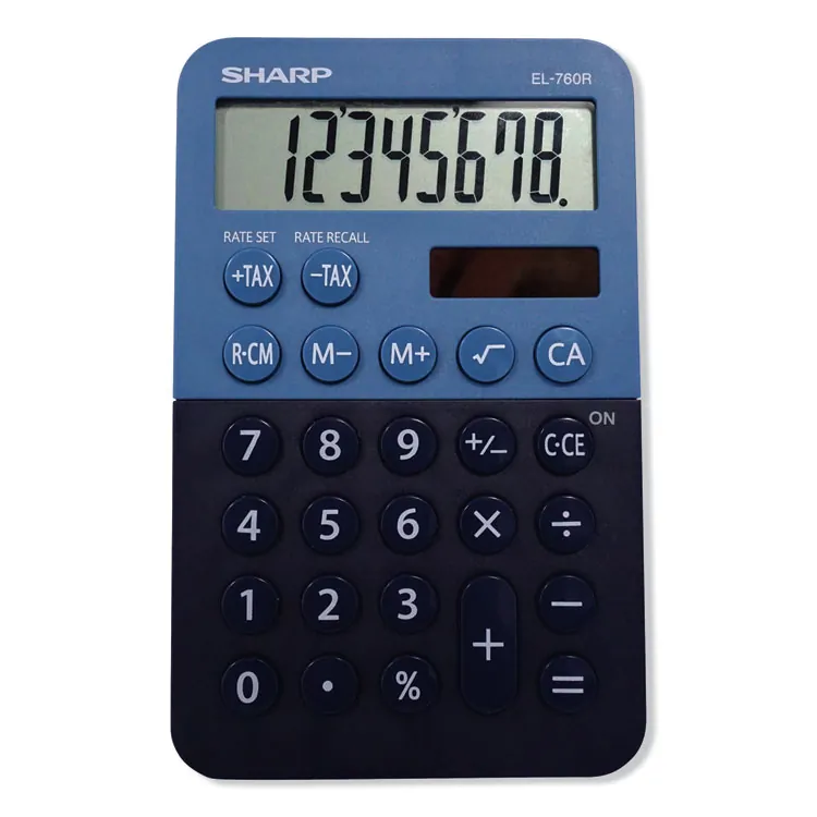 SHARP NEC SHR EL760RBBL — Sharp EL-760RBBL Desktop Calculator - 3-Key Memory, Dual Power, Angled Display, LCD Display, Automatic Power Down, Extra Large Key - 8 Digits - LCD - Battery/Solar Powered - 1 - LR54 - 0.9 x 3 x 4.7 - Blue - Plastic - Desktop - 1 Each
