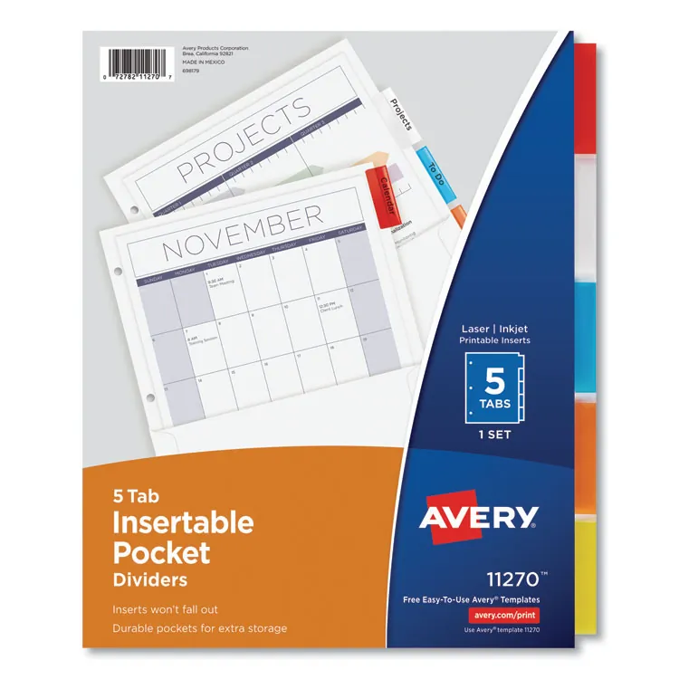 Avery Dennison AVE 11270 — Avery® Pocket Insertable Dividers - 5 Tab(s) - 5 Tab(s)/Set - 11 Divider Width - Assorted Paper Divider - Multicolor Tab(s) - 5 / Set