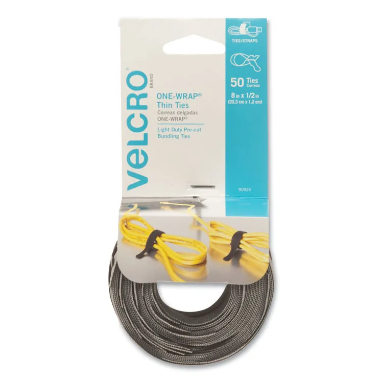 VELCRO USA VEK 94257 — VELCRO® Brand ONE-WRAP® Thin Ties, 15in x 1/2in, Gray and Black, 30ct - Thin, pre-cut ties. Adjustable and reusable for easy cable management.