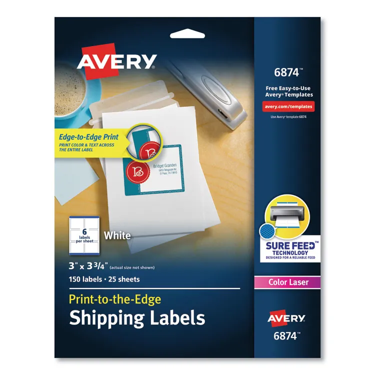Avery Dennison AVE 6874 — Avery® Print-to-the-Edge Shipping Labels - Permanent Adhesive - Rectangle - Laser - White - Paper - 6 / Sheet - 25 Total Sheets - 150 Total Label(s) - 150 / Pack