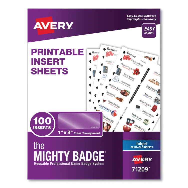 Avery Dennison AVE 71209 — The Mighty Badge® Inkjet Laser/Inkjet Badge Insert - Clear - 1 x 3 - 100 / Pack - Printable