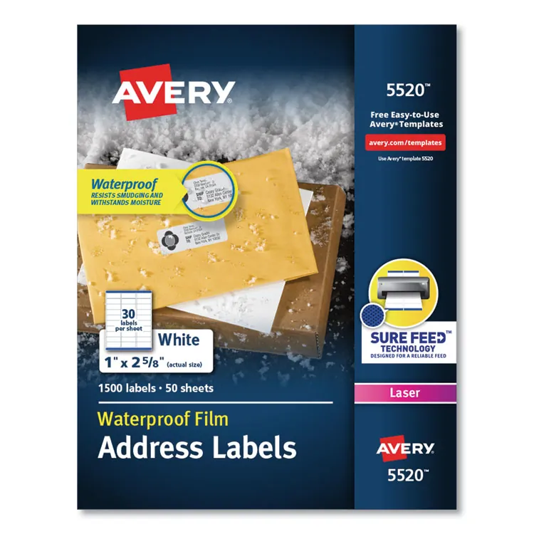 Avery Dennison AVE 5522 — Avery® Weatherproof Mailing Labels - Permanent Adhesive - Rectangle - Laser - White - Film - 14 / Sheet - 50 Total Sheets - 700 Total Label(s) - 5