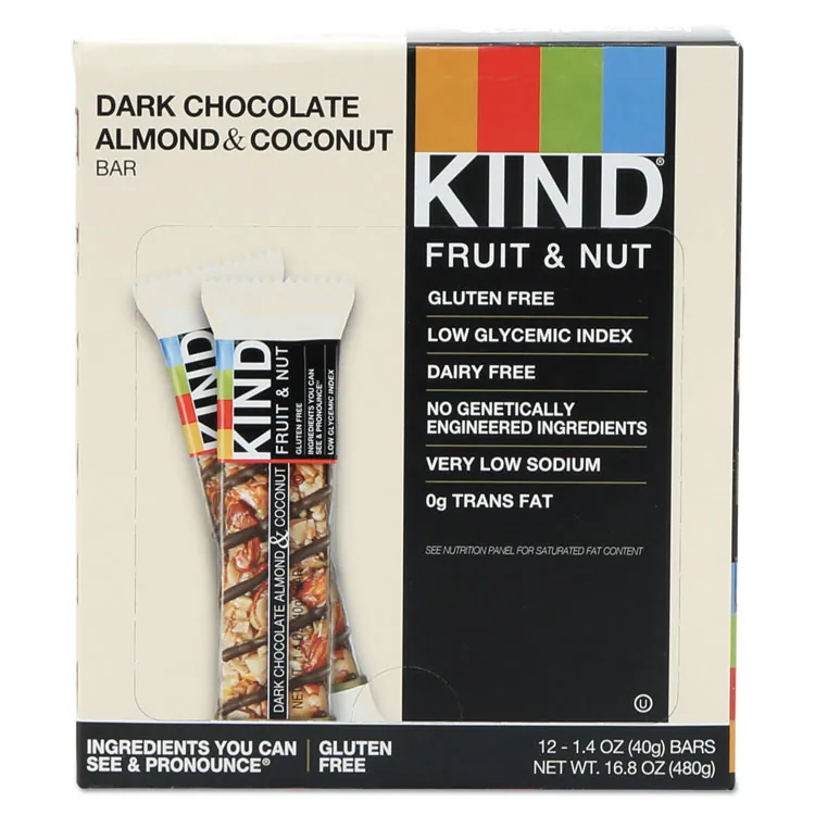 KIND LLC KND 19987 — KIND Dark Chocolate Almond/Coconut Snack Bar - Gluten-free, Non-GMO, Sodium-free, Cholesterol-free, Fat-free, Individually Wrapped - Dark Chocolate, Almond, Coconut - Box - 1.40 oz - 12 / Box