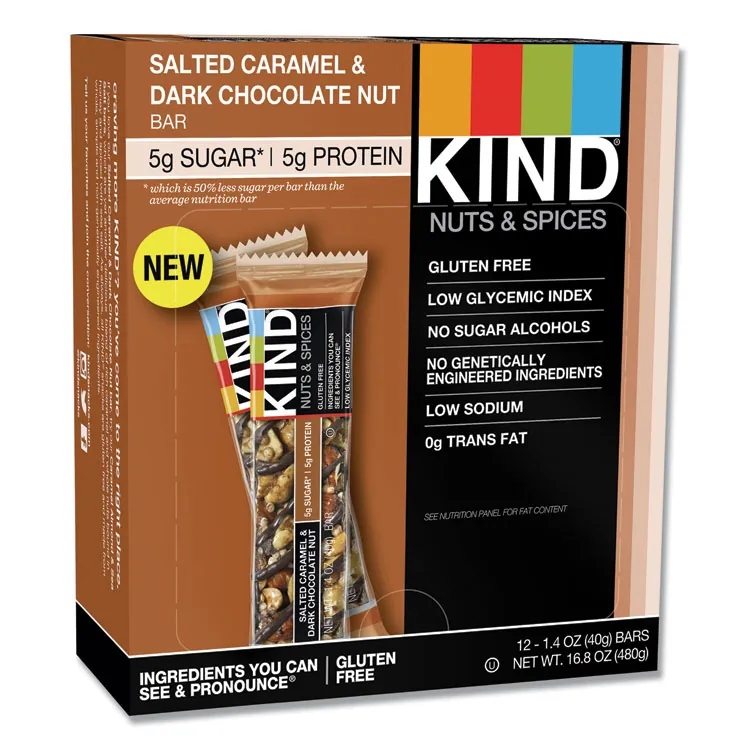 KIND LLC KND 18533 — KIND Caramel Almond/Sea Salt Nuts/Spices Snack Bar - Cholesterol-free, Non-GMO, Gluten-free, Individually Wrapped - Sea Salt, Caramel, Almond - 1.40 oz - 12 / Box