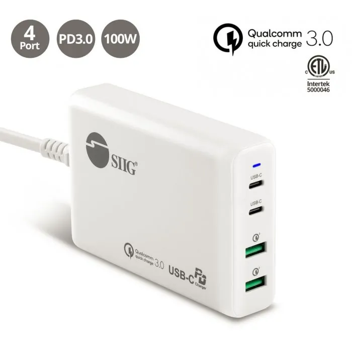 Siig AC-PW1P11-S1 — SIIG DUAL USB-C PD/ QC 3.0 CHARGER WHITE 4-PORT, 100W, ETL CERTIFIED (AC-PW1P11