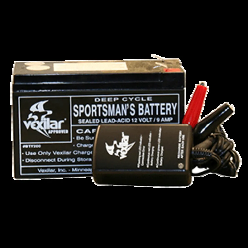 Vexilar V-120 — <p><strong>Battery & Charger</strong></p><p>This battery and charger set is designed for sportsmen on the go, with high capacity, a fast recharge time, rugged construction and design features that make it ideal for portable summer and winter use. Great for fly-in trips too. The supplied charger is a fully automatic 1 amp charger/maintainer, so you can expect years of trouble free power when you need it.</p><p><strong>Features:</strong></p><ul><li>12 Volt 9 Amp Battery Capacity</li><li>Sealed Lead-Acid Design is FAA Approved for flight</li><li>Fully Automatic 3- Stage Charging</li><li>1 Amp 12 Volt Charger Output</li><li>Charger Will NOT Overcharge the Battery</li><li>When Full, Maintains the Battery Charge</li><li>Colored LEDs Indicate Charge Mode</li></ul><p><strong>Specifications:</strong></p><ul>