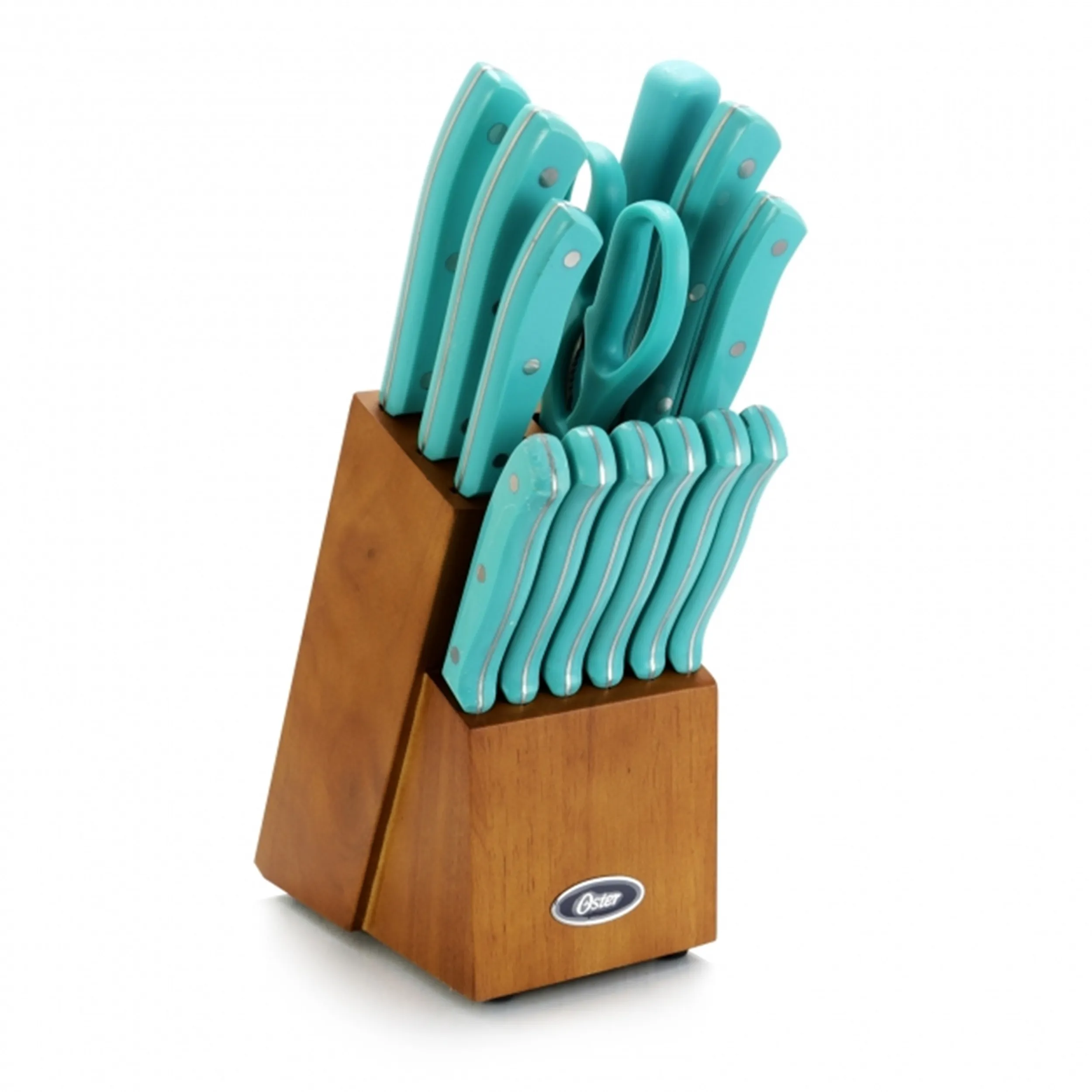 OSTER 81010.14 — Oster Evansville 14 Piece Stainless Steel Blade Cutlery Set with Turquoise Plastic Handles