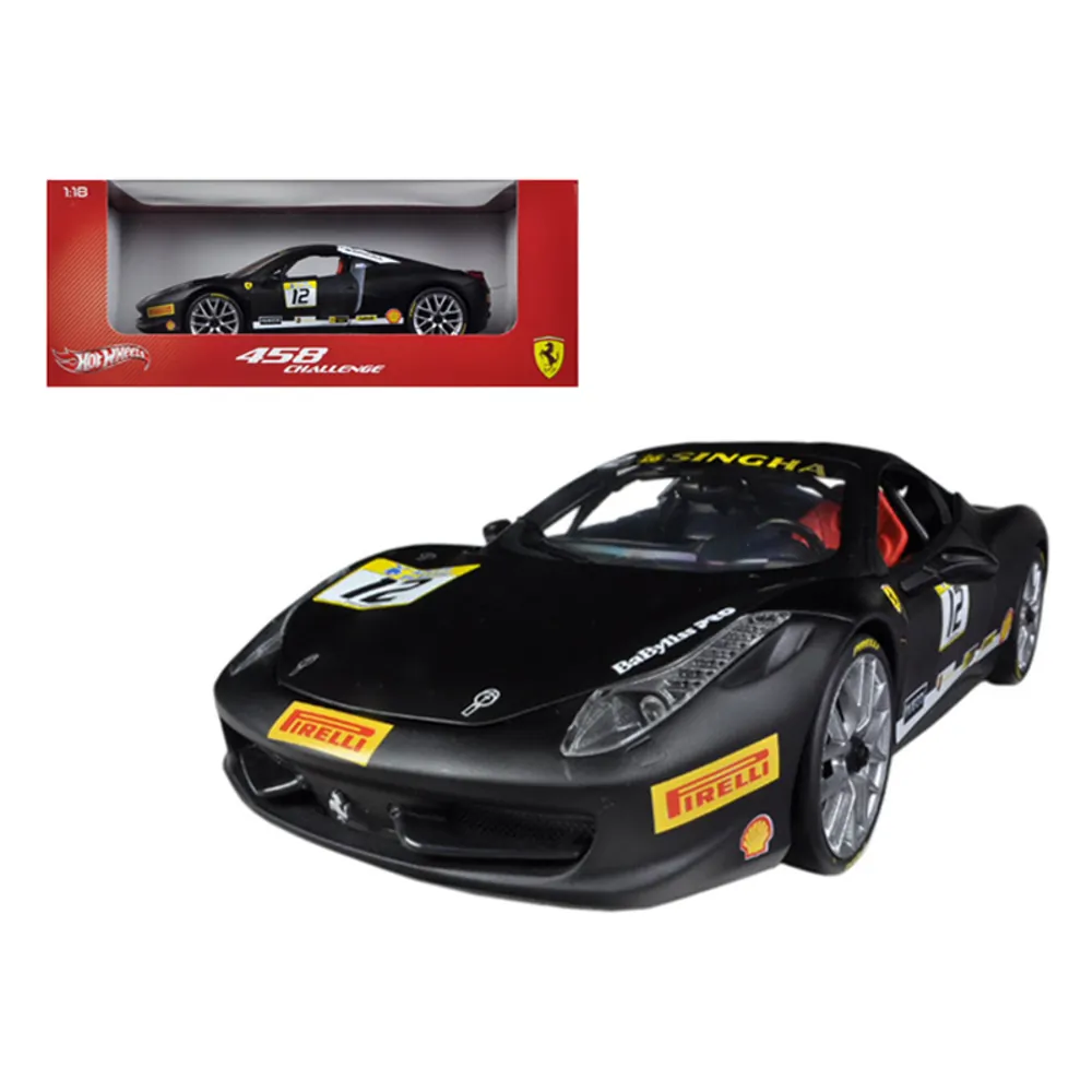 Hot Wheels BCT90 — 1:18 Scale Ferrari 458 Challenge Diecast Model #12 - Black