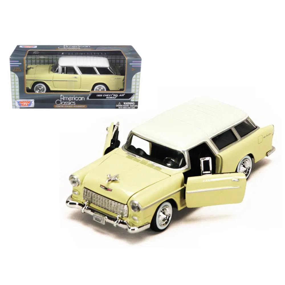 Motormax 73248grn — 1955 Chevrolet Bel Air Nomad Yellow & White 1/24 Model Car