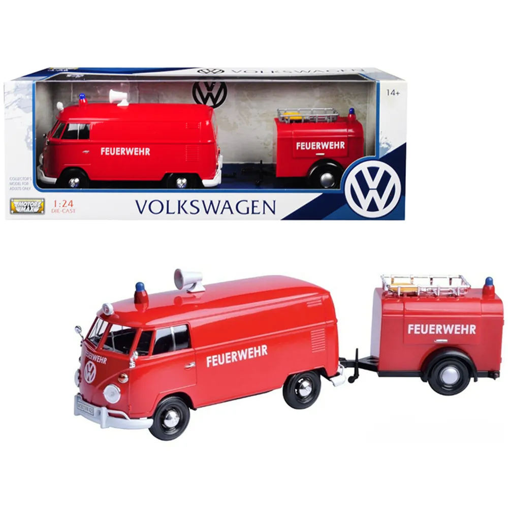 Motormax 79671 — Volkswagen T1 Fire Van with Trailer – 1/24 Diecast Model