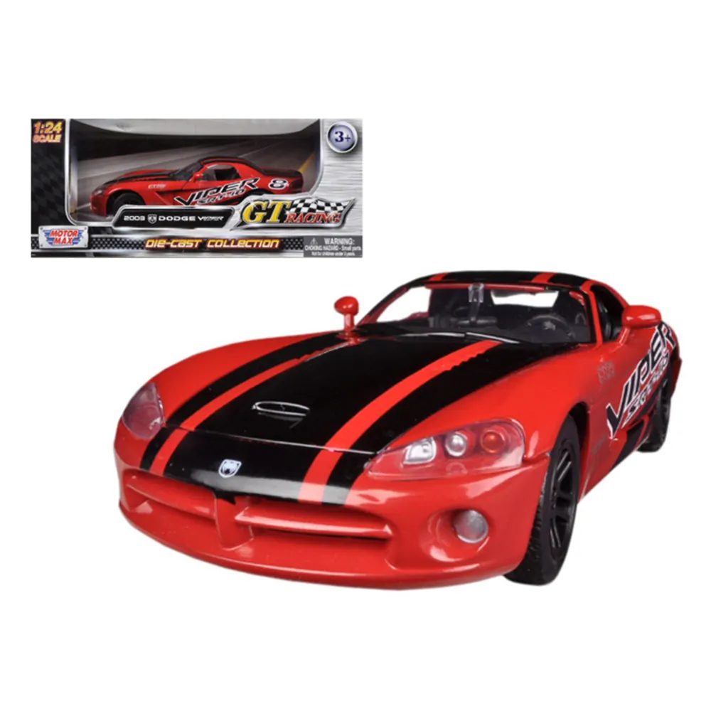 Motormax 73776r — 2003 Dodge Viper SRT-10 #8 Diecast Model Car - Red/Black Stripes