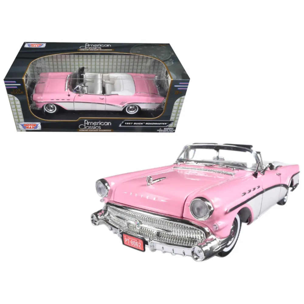 Motormax 73152AC-PNK — 1957 Buick Roadmaster Convertible Diecast Model Car - Pink/White