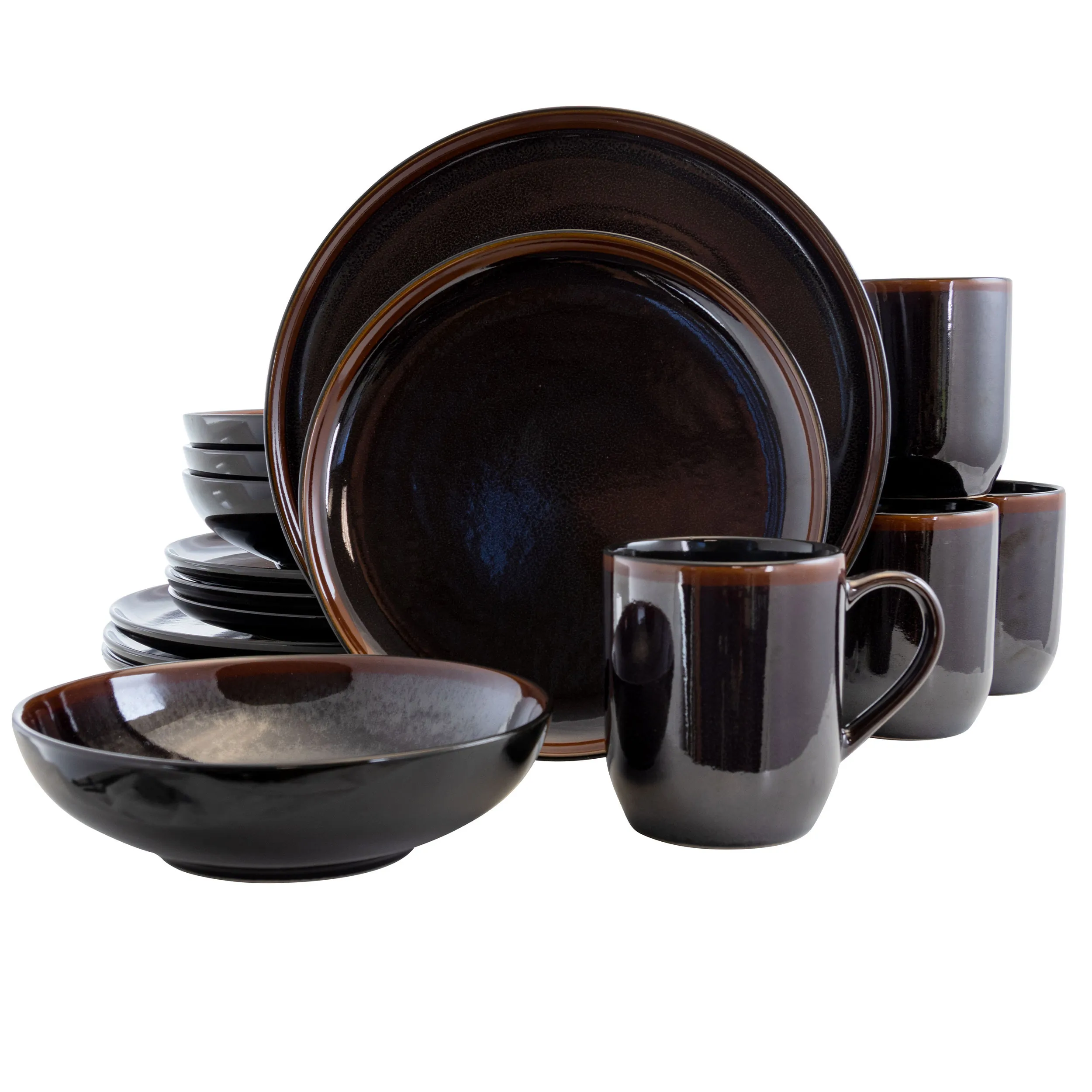 ELAMA EL-MIDNIGHTBEACH — Elama Midnight Beach 16-Piece Dinnerware Set, Black & Gold