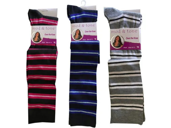 bulk buys BJ396 - Womens Knee High Striped Socks - Assorted Colors