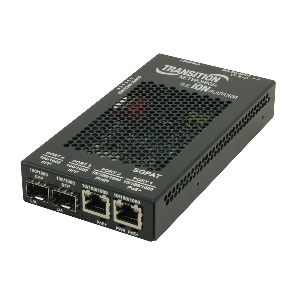 Lantronix SGPAT1040-105-NA — 10/100/1000 POE+ RJ-45 TO OPEN DUAL SPEED SFP PORT MEDIA CONVERTER W/ -NA PS