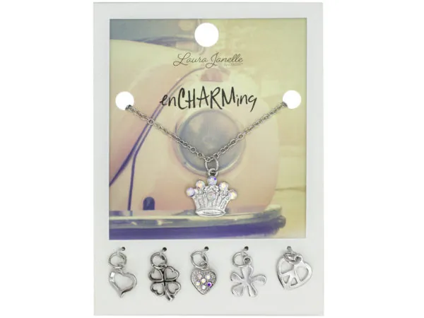 Bulk Buys GW883 — Multi-Charms Silver Crown Necklace Set