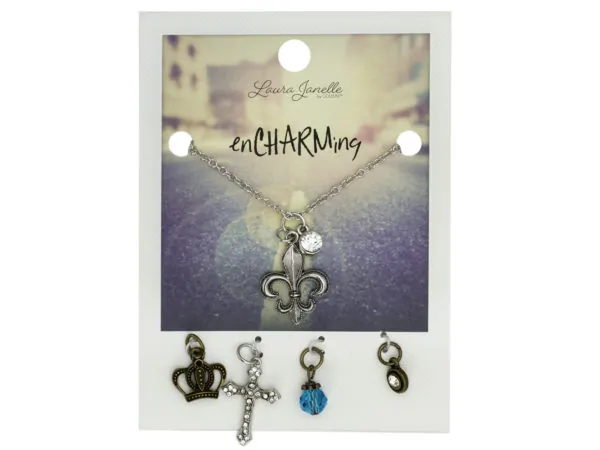 bulk buys GW871 - Fleur De Lis Multi-Charm Silver Necklace